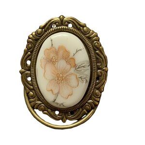 Vintage Jeri-Lou Floral Scarf Clip Oval Goldtone Frame Dogwood Design Signed